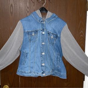 Torrid Jean Jacket with grey cotton sleeves and hoodie